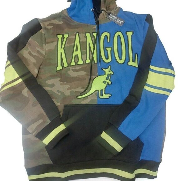 KANGOL Pullover Colorblock Hoodie Sweatshirt Mens Large Camo Green Black Blue - Picture 1 of 7